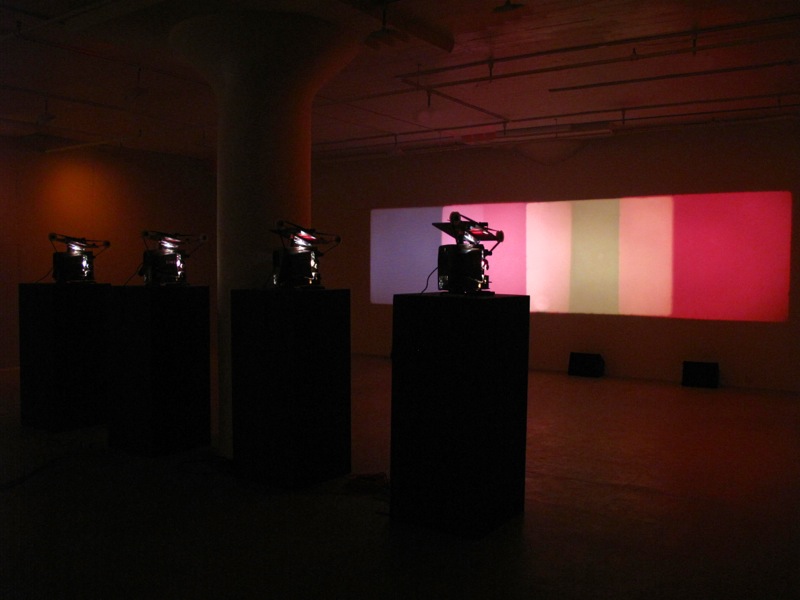 Shutter Interface, 1975, Paul Sharits. 4-screen 16mm loop projection with 4 separate soundtracks, color. Indefinite duration. Courtesy of Greene Naftali, New York. Photograph: Gil Blank. © Greene Naftali, 1975. Used with permission.