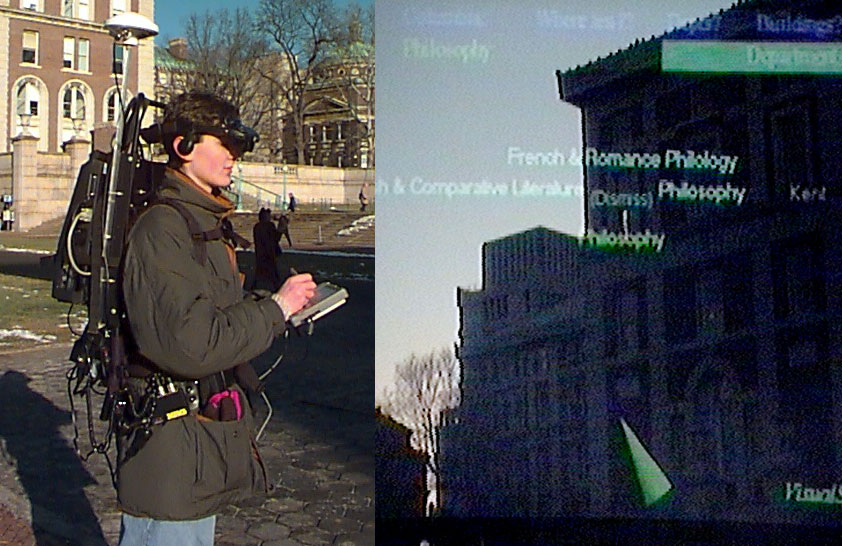 First prototype of the MARS (Mobile Augmented Reality System) system. 1997, © Steven Feiner, Blair MacIntyre, Tobias Hollerer, and Anthony Webster, Columbia University. All rights reserved.
